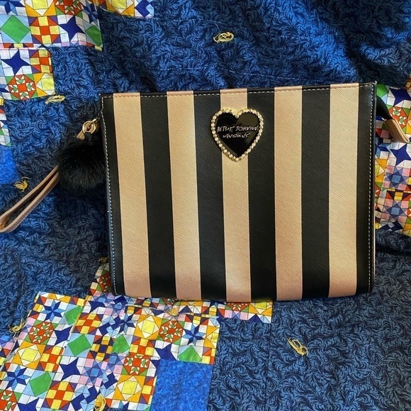 Betsey Johnson Handbags - Betsey Johnson faux saffiano metallic stripe clutch 8x10